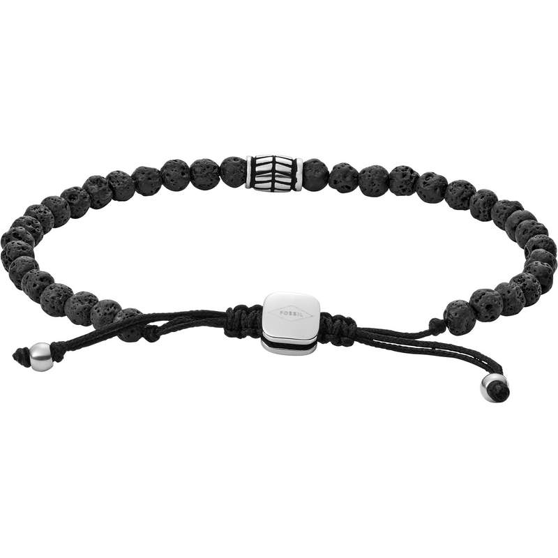 Bracelet FOSSIL acier cordon noir et pierres de laves noires. - vue D1