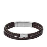 Bracelet  FOSSIL acier cuir marron multi-rangs tressé 19 cm - vue 1