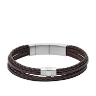 Bracelet  FOSSIL acier cuir marron multi-rangs tressé 19 cm