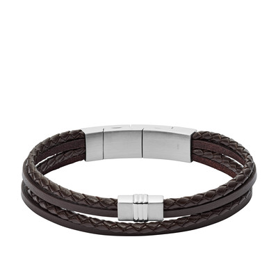 Bracelet  FOSSIL acier cuir marron multi-rangs tressé 19 cm - vue 1