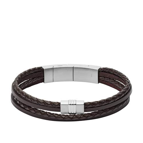 FOSSIL multi-strand braided brown leather bracelet 19 cm