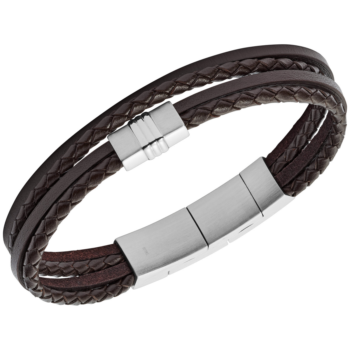 Bracelet  FOSSIL acier cuir marron multi-rangs tressé 19 cm - vue D1