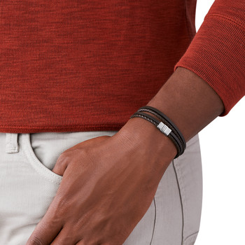 Bracelet  FOSSIL acier cuir marron multi-rangs tressé 19 cm