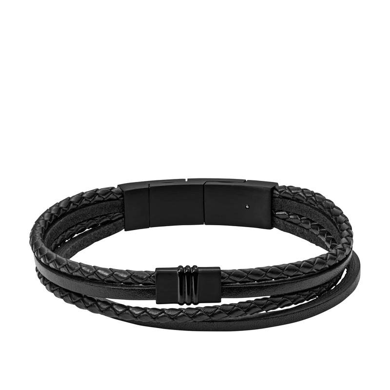 Bracelet FOSSIL acier cuir noir tressé 19 cm - vue 1