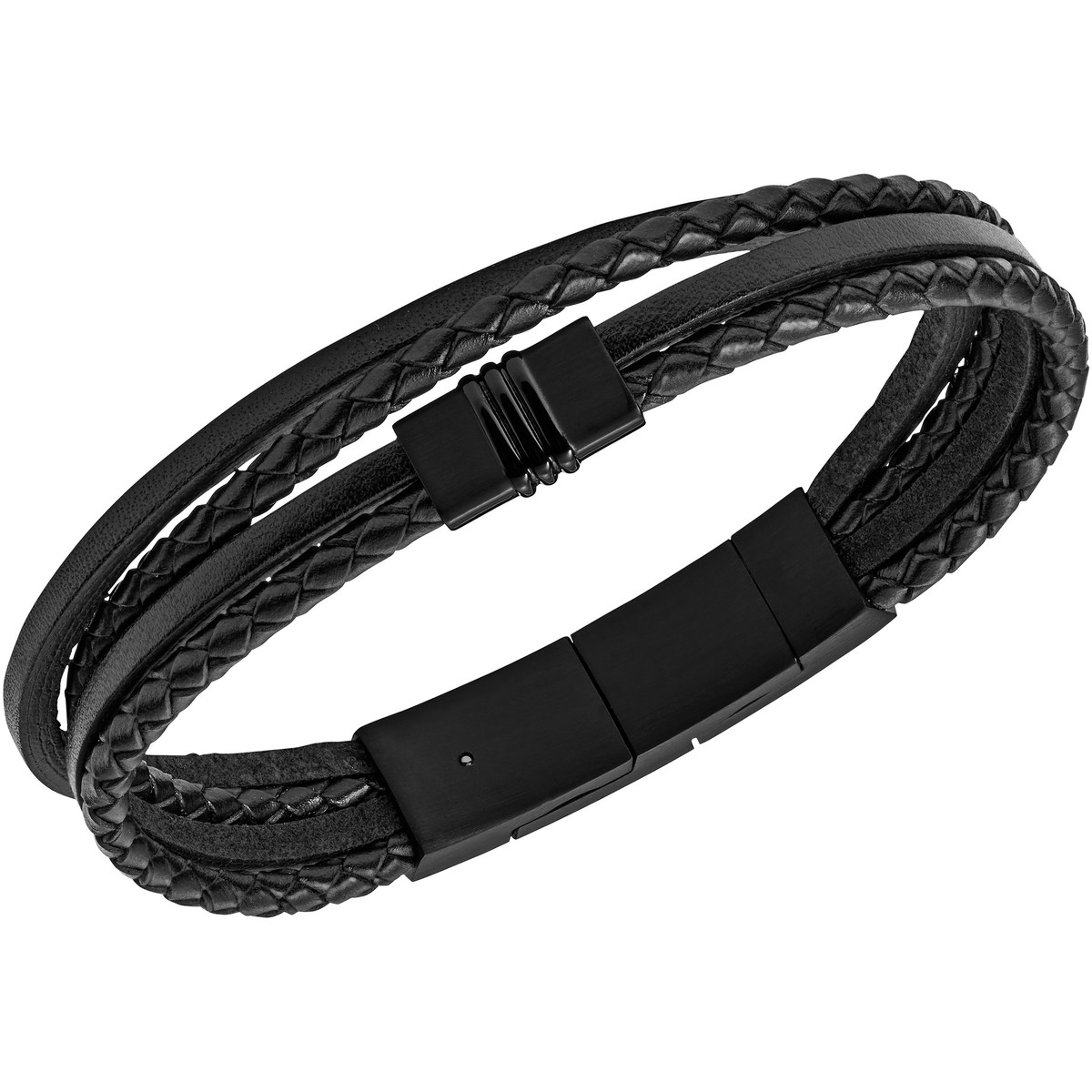 Bracelet FOSSIL acier cuir noir tressé 19 cm - vue D1
