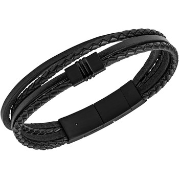 Bracelet FOSSIL acier cuir noir tressé 19 cm