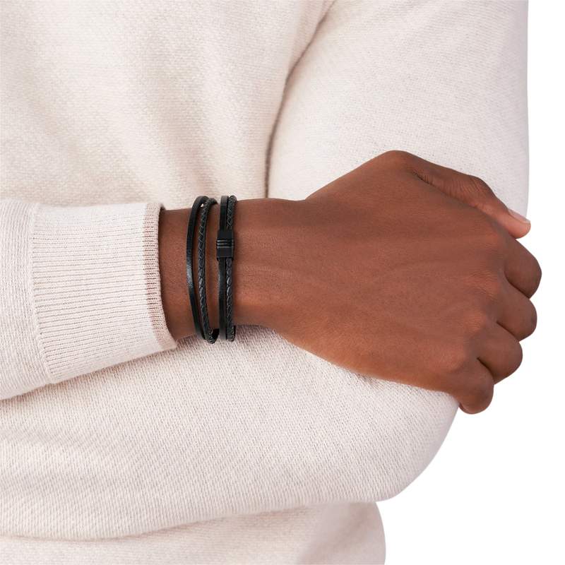 Bracelet FOSSIL acier cuir noir tressé 19 cm - vue porté 1
