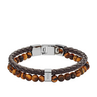 Bracelet FOSSIL acier cuir marron multi-rangs oeil de tigres 19,5 cm