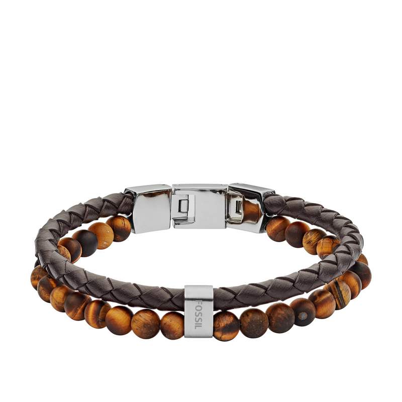 FOSSIL-armband van staal en bruin leer, met meerdere rijen en tijgeroogsteentjes, 19,5 cm - afbeelding 1