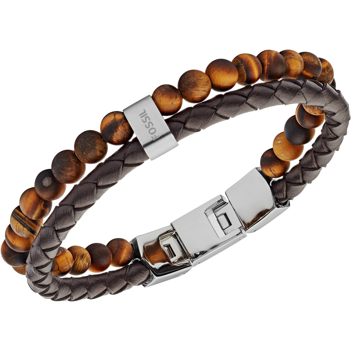 Bracelet FOSSIL acier cuir marron multi-rangs oeil de tigres 19,5 cm - vue D1