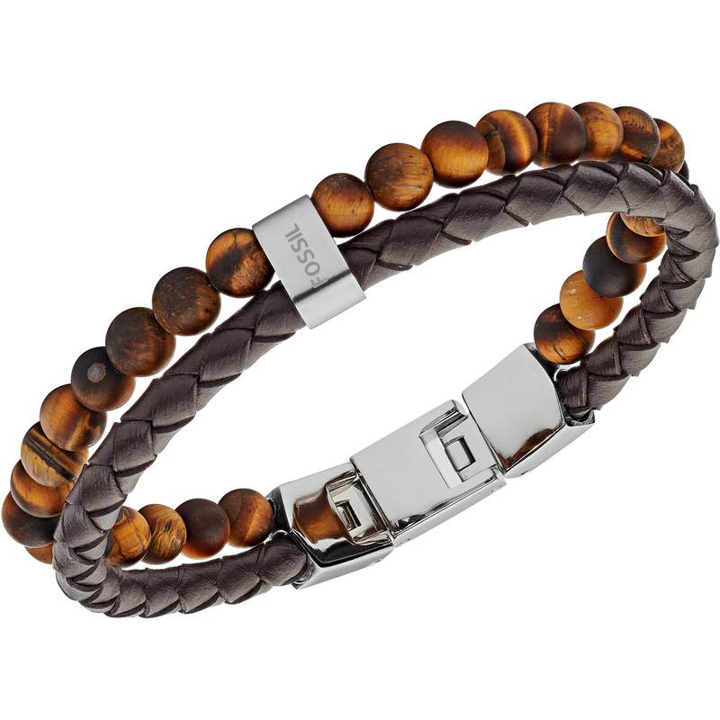 FOSSIL stalen armband bruin leer multi-strengs tijgeroog 19,5 cm - bekijk D1