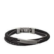 Bracelet FOSSIL acier inoxydable cuir noir multi-rangs 19,5 cm