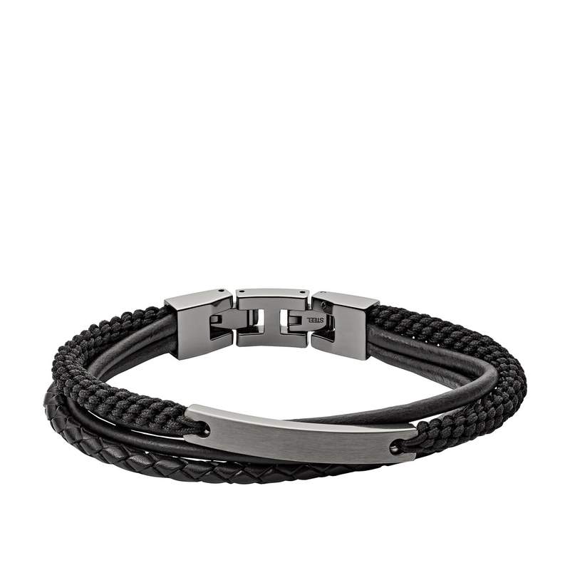 Bracelet FOSSIL acier inoxydable cuir noir multi-rangs 19,5 cm - vue 1