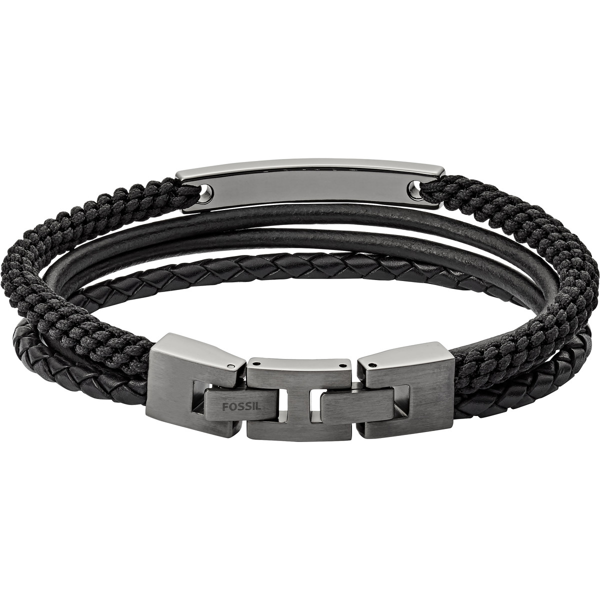 Bracelet FOSSIL acier inoxydable cuir noir multi-rangs 19,5 cm - vue D1