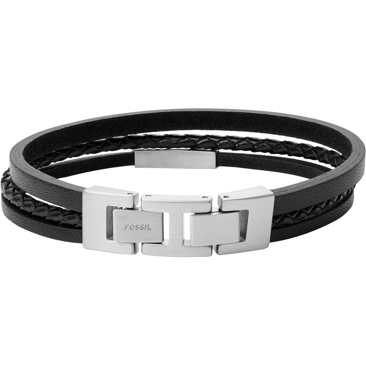 Bracelet FOSSIL acier cuir noir 19,5 cm - vue D1