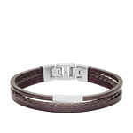 Bracelet FOSSIL acier cuir marron multi-rangs 19,5 cm - vue 1