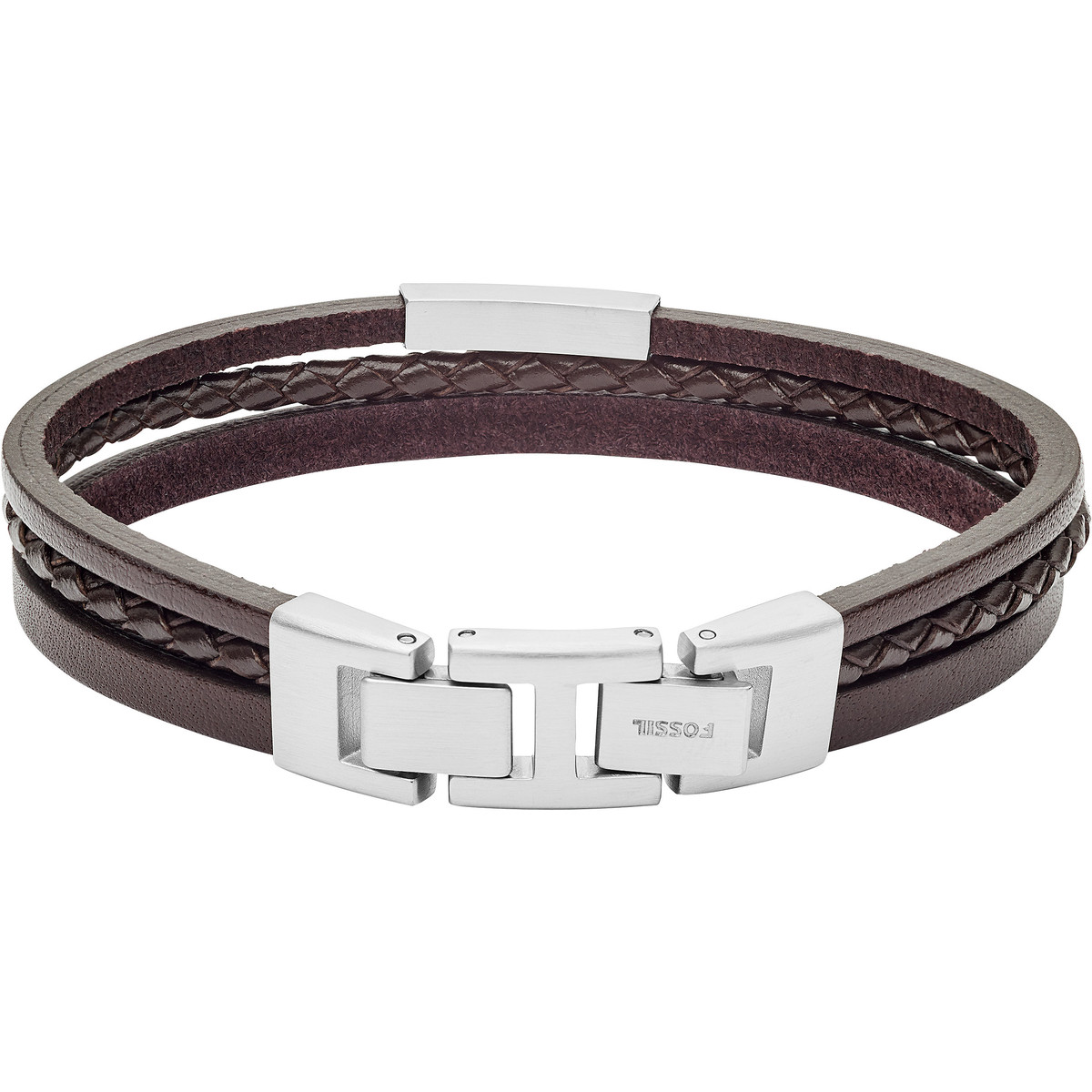 Bracelet FOSSIL acier cuir marron multi-rangs 19,5 cm - vue D1