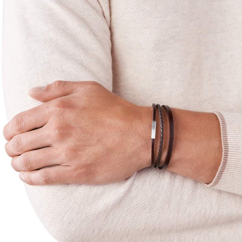 Bracelet FOSSIL acier cuir marron multi-rangs 19,5 cm - vue porté 1