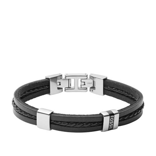 FOSSIL roestvrij staal en zwart leder armband 19,5 cm