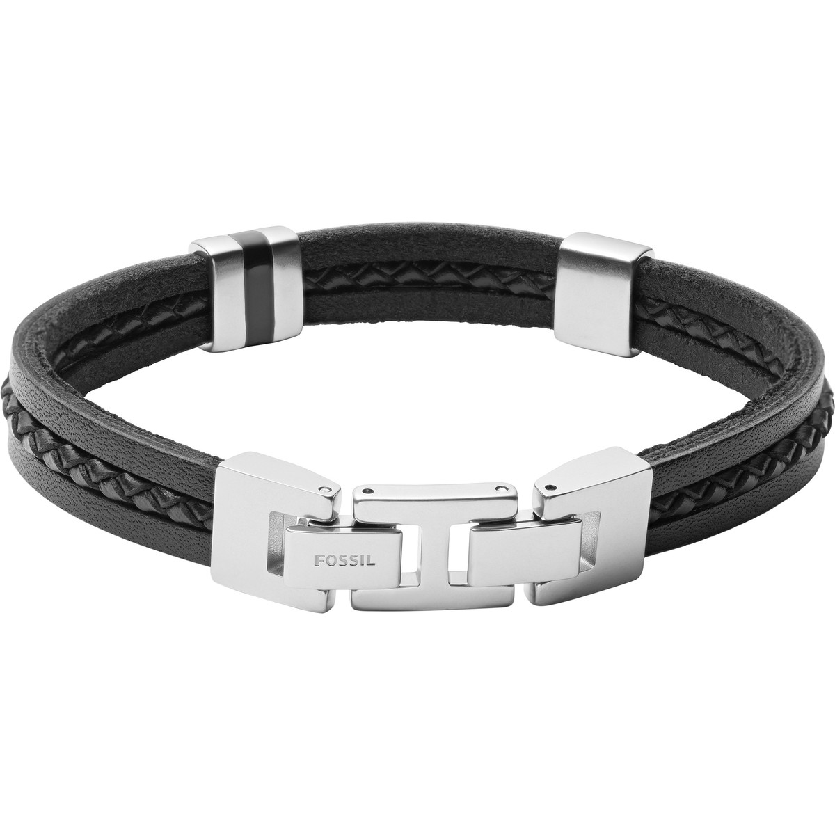 Bracelet FOSSIL acier cuir noir multi-rangs 19,5 cm - vue D1