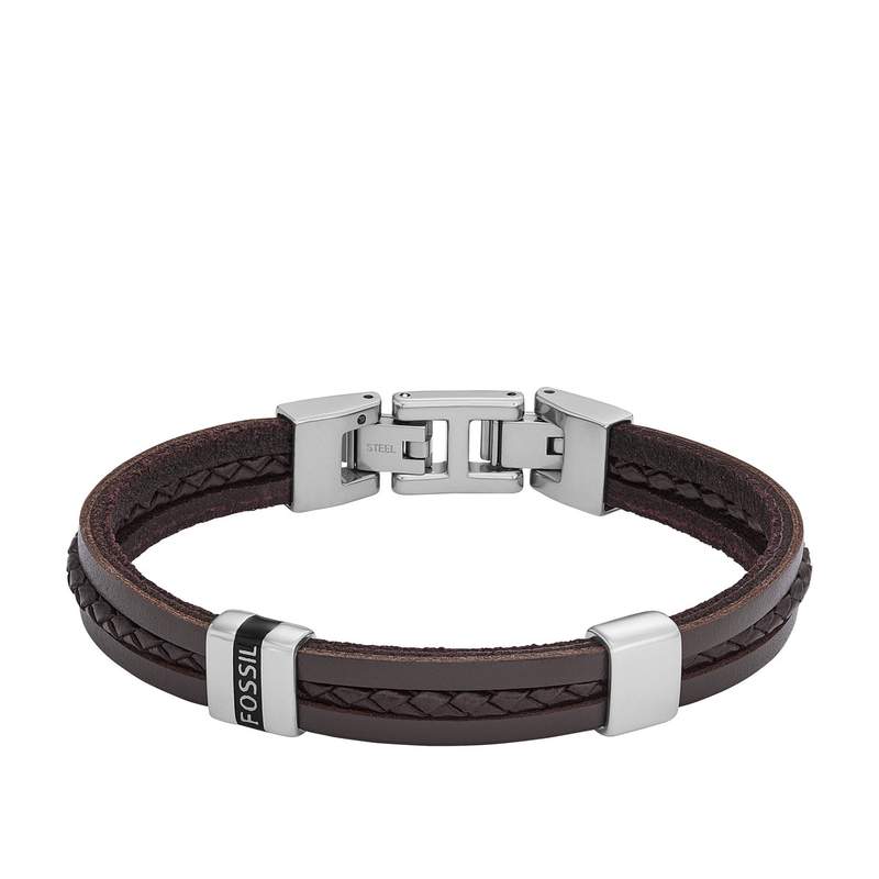 Bracelet FOSSIL acier cuir marron 19,5 cm - vue 1