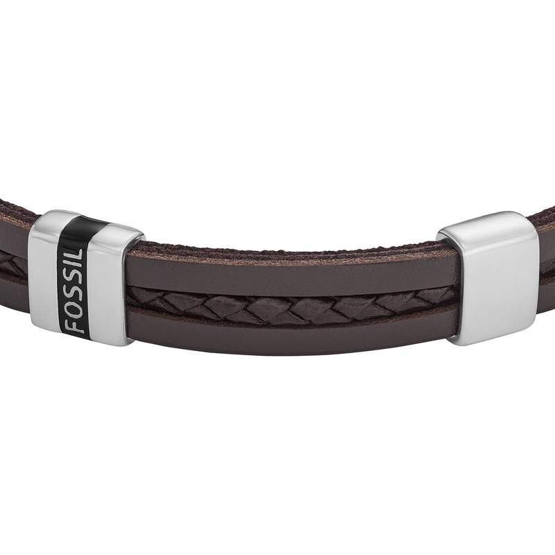 Bracelet FOSSIL acier cuir marron 19,5 cm - vue D1