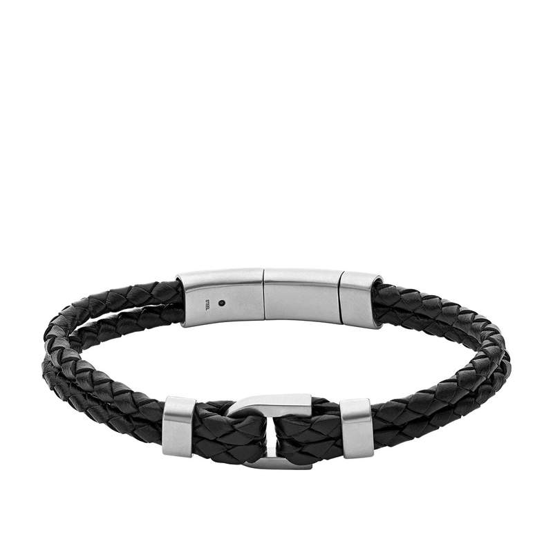 Bracelet FOSSIL acier cuir noir 19,5 cm - vue 1