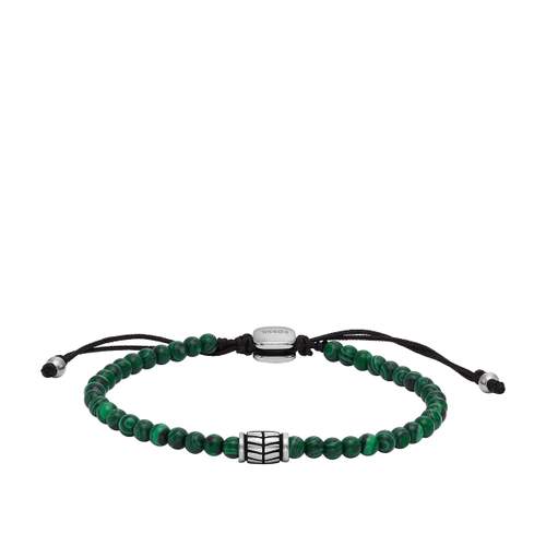 Bracelet FOSSIL acier inoxydable cordon noir malachites