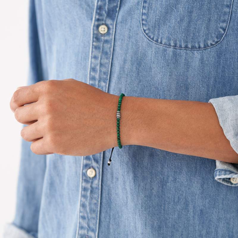 FOSSIL stainless steel bracelet with black malachite cord - view worn 2