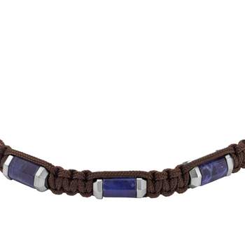 FOSSIL-armband van staal met bruin koord en sodaliet