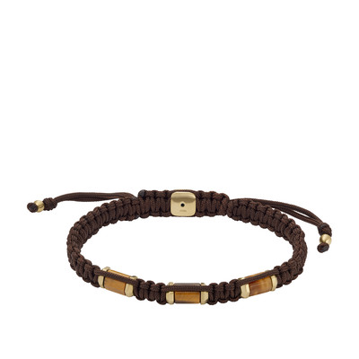 FOSSIL-armband van verguld roestvrij staal met bruin koord en tijgeroog