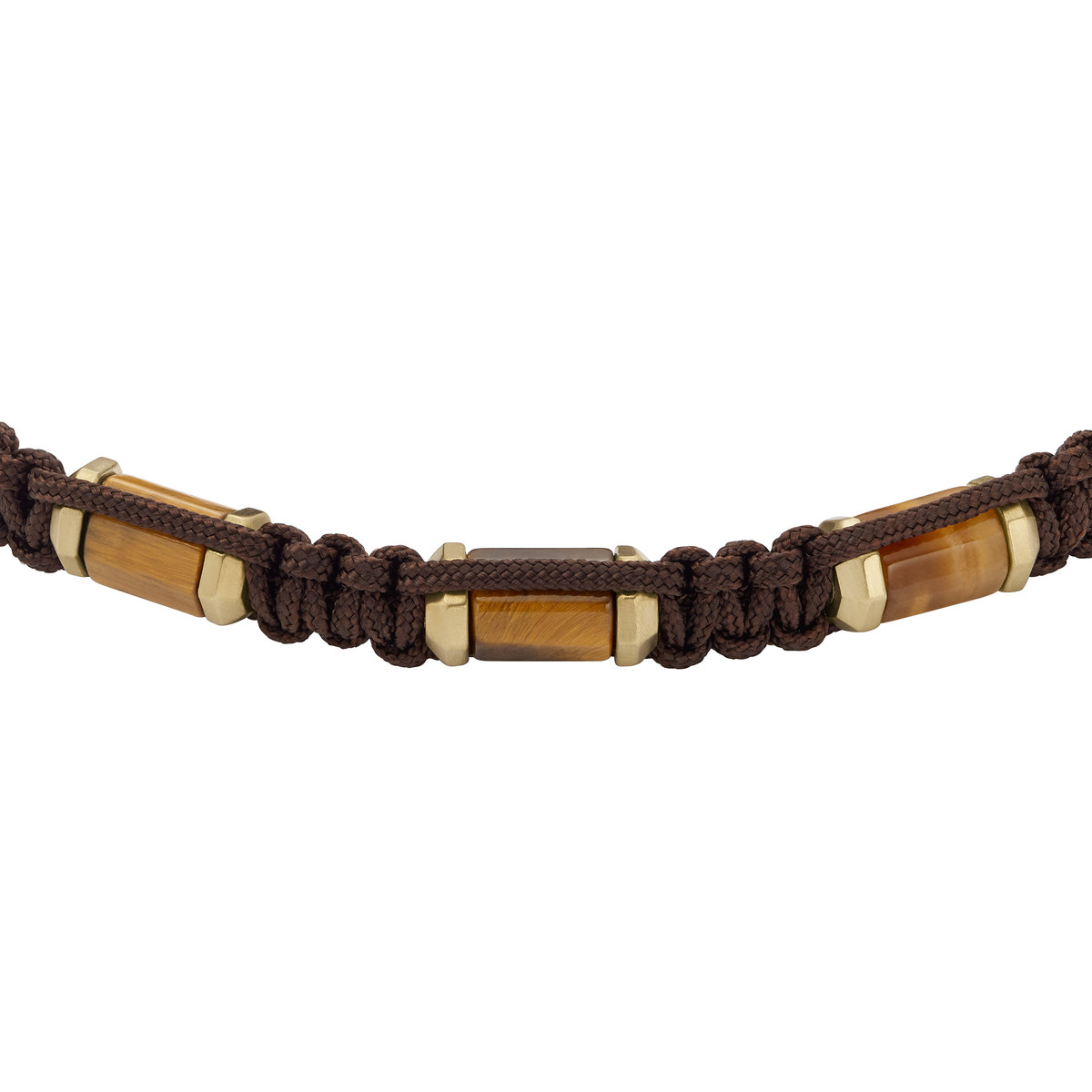 Bracelet FOSSIL acier inoxydable doré cordon brun et oeil de tigre - vue D1
