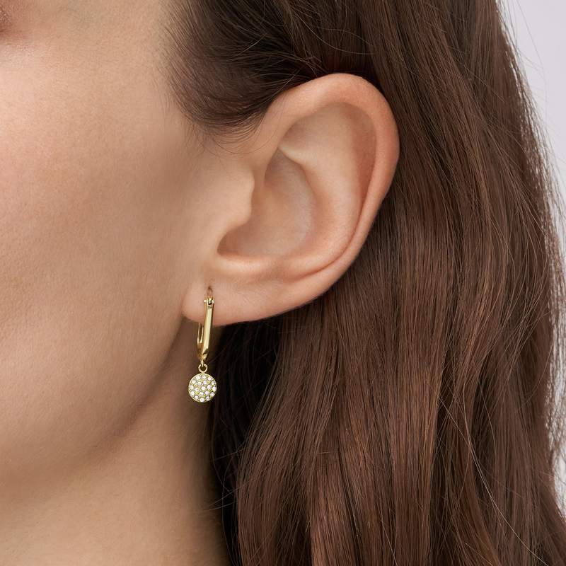 Boucles d'oreilles FOSSIL acier inoxydable doré crital - vue porté 1