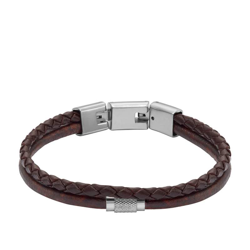 Bracelet FOSSIL acier cuir marron - vue 1