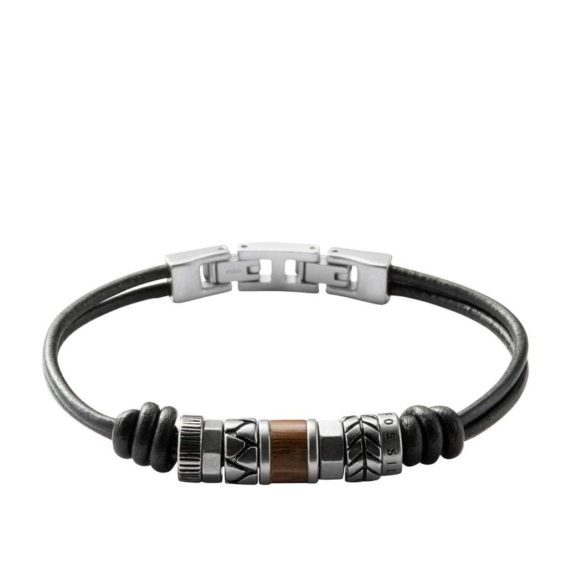 Bracelet FOSSIL acier cuir noir - vue 1