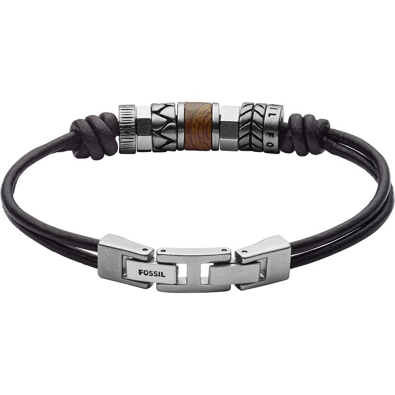 Bracelet FOSSIL acier cuir noir - vue D1