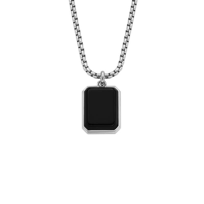 Collier FOSSIL acier inoxydable plaque agate noire 55 cm - vue 1