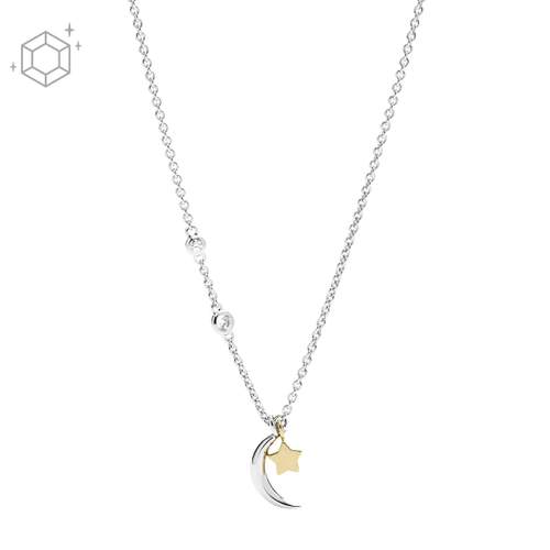 Collier FOSSIL argent 925 bicolore lune, étoile et zirconias 47 cm