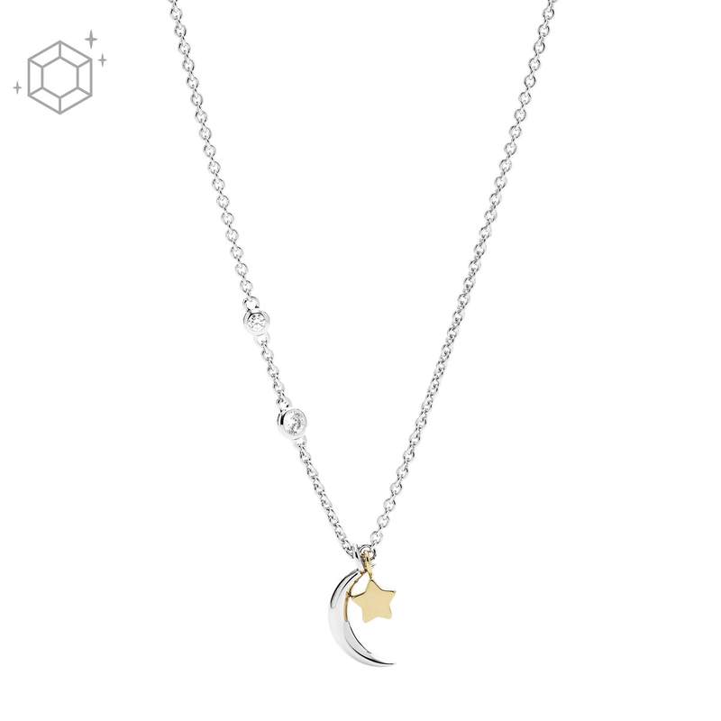 Collier FOSSIL argent 925 bicolore lune, étoile et zirconias 47 cm - vue 1