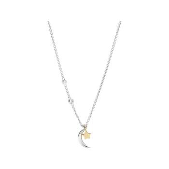 FOSSIL-ketting van 925 zilver in twee kleuren met maan, ster en zirkonia's, 47 cm
