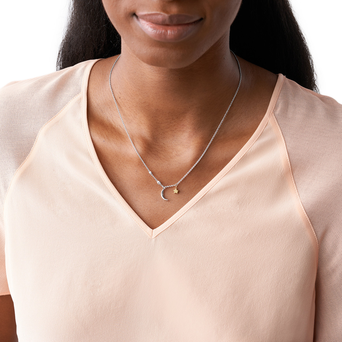 Collier FOSSIL argent 925 bicolore lune, étoile et zirconias 47 cm - vue porté 1