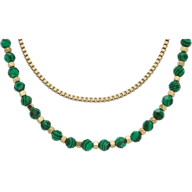 Collier FOSSIL acier inoxydable doré jaune malachites 46cm - vue 1