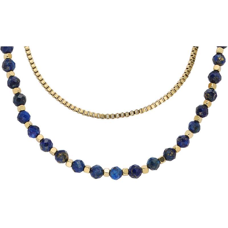 Collier FOSSIL acier inoxydable doré jaune lapis lazulis longueur 46cm - vue 1