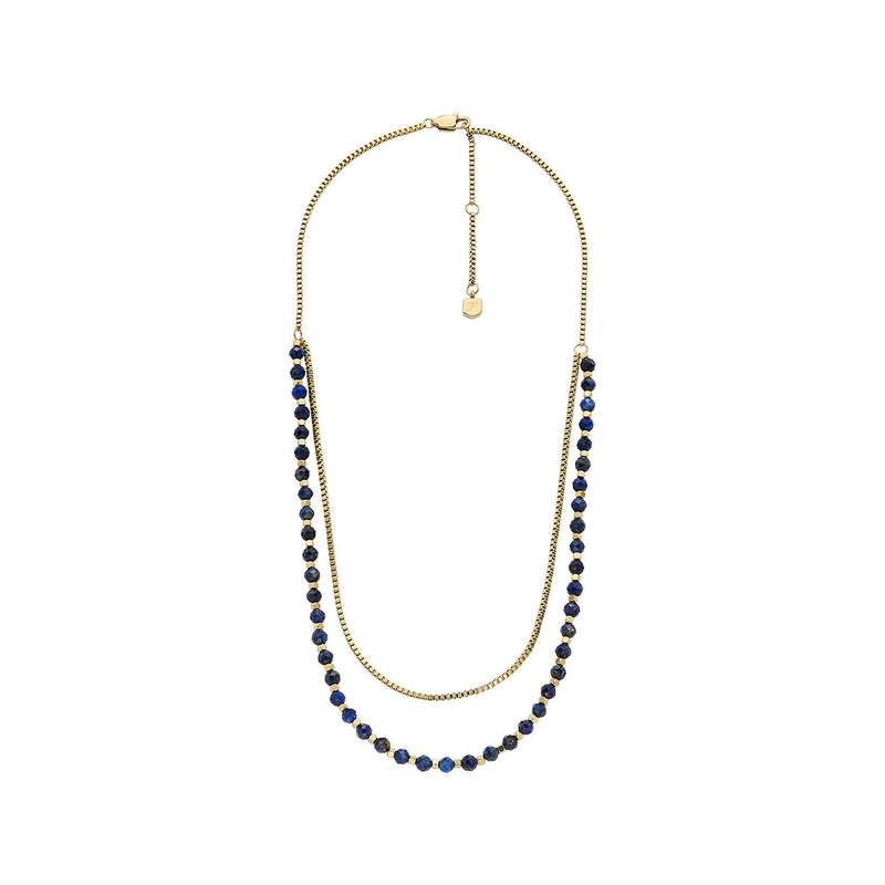 Collier FOSSIL acier inoxydable doré jaune lapis lazulis longueur 46cm - vue 2