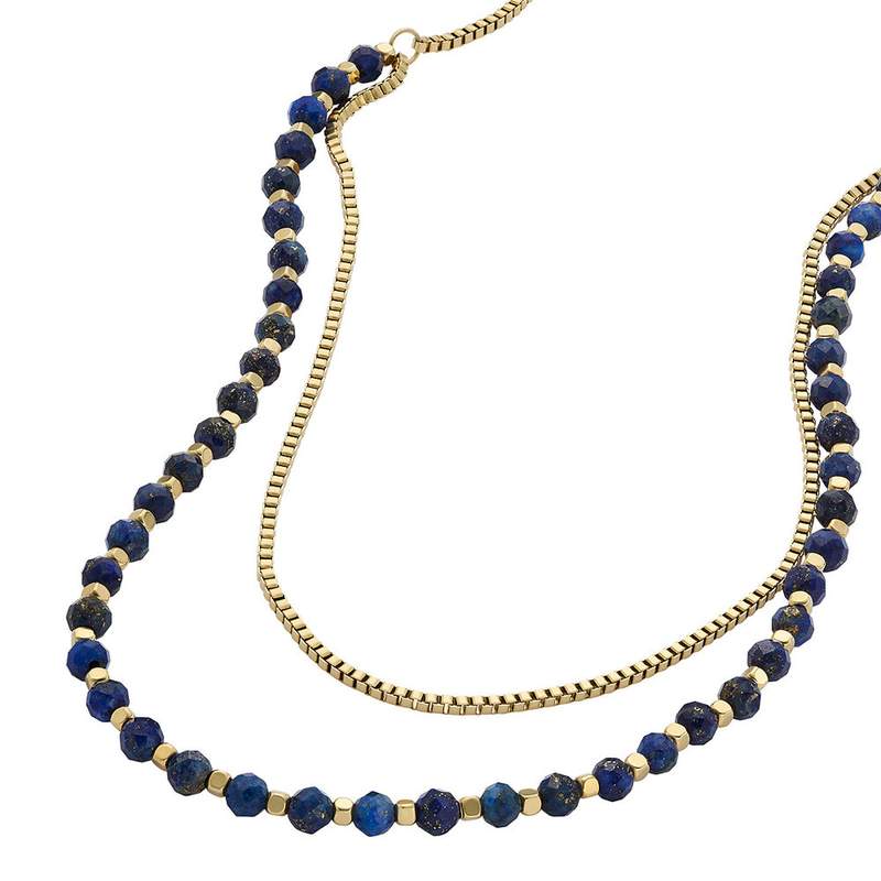 Collier FOSSIL acier inoxydable doré jaune lapis lazulis longueur 46cm - vue D2