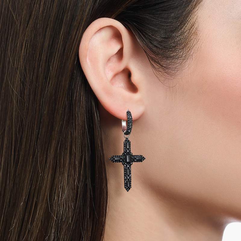 BOUCLE D'OREILLE THOMAS SABO argent croix zirconium noir, vendue à l'unité - vue porté 1