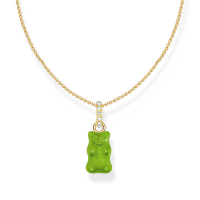 Collier argent doré jaune avec Ours HARIBO vert et pierres