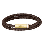 Bracelet BOSS Arès acier doré cuir marron longueur 19 cm - vue 1