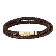 Bracelet BOSS Arès acier doré cuir marron longueur 19 cm