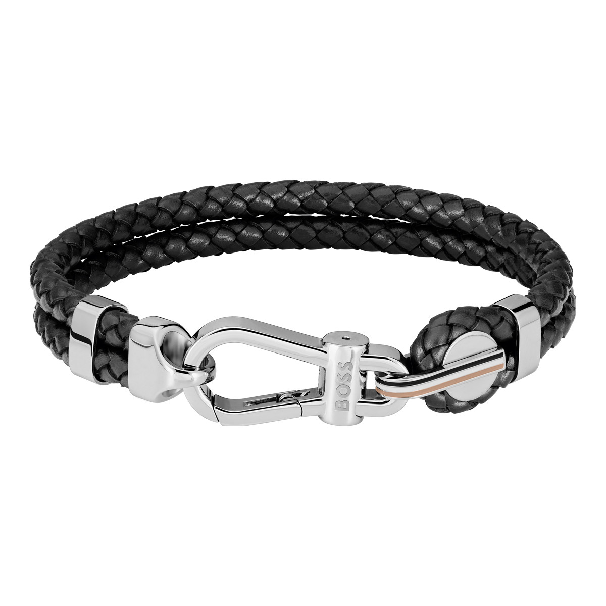 Bracelet BOSS Arès acier cuir noir longueur 19 cm